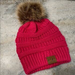 C.C Kids Vibrant Pink Knit Beanie with Faux Fur Pom